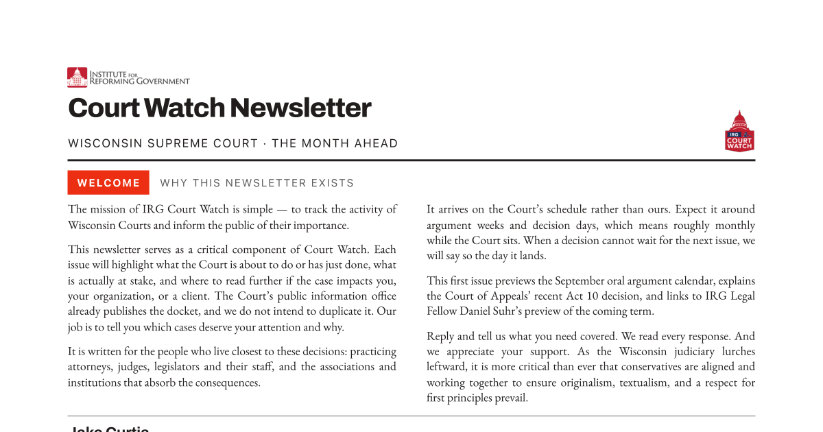 Court Watch Newsletter, first issue, September 2026 — cover