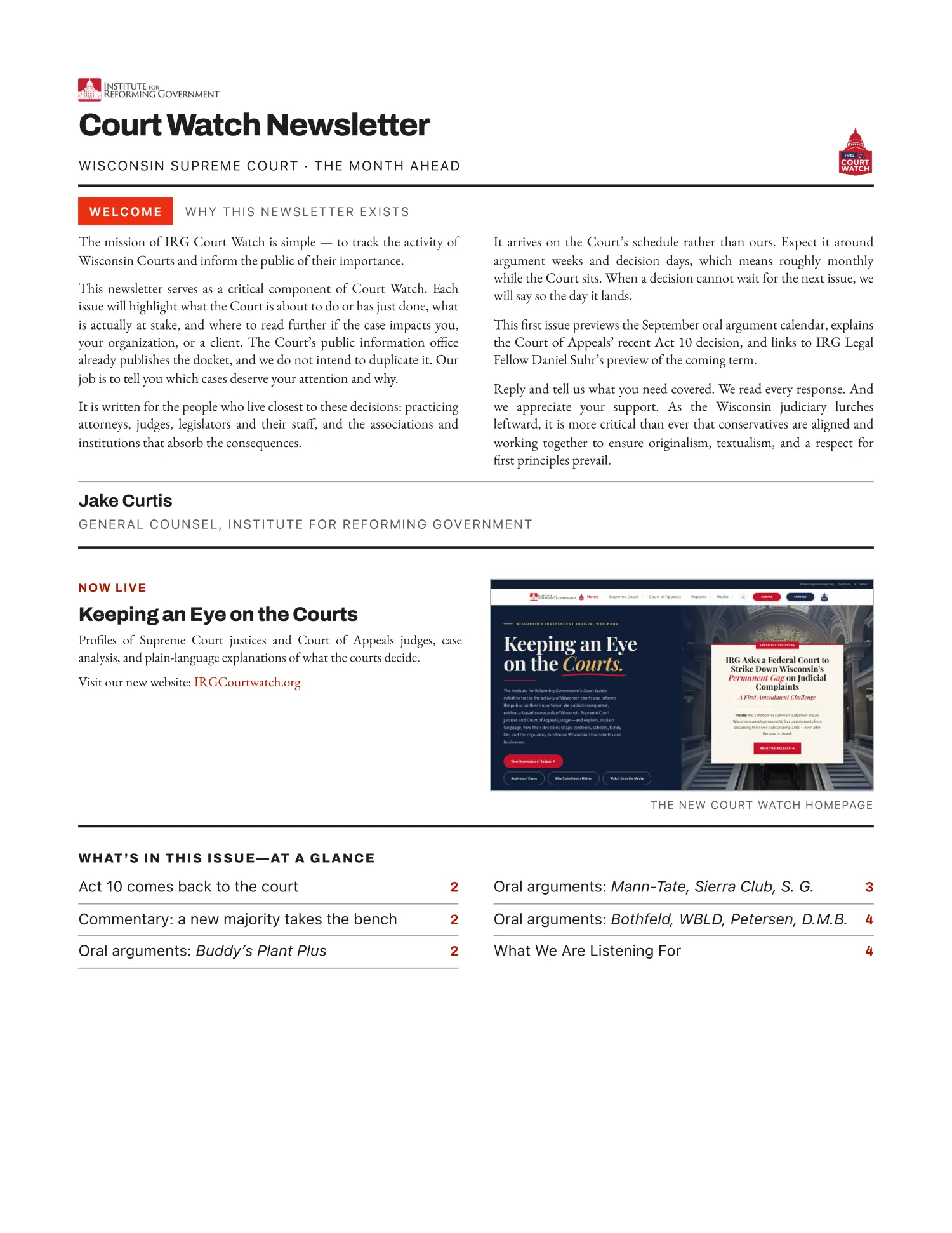 Court Watch Newsletter, September 2026, page 1 — Welcome (why this newsletter exists, signed by Jake Curtis); Now Live: Keeping an Eye on the Courts; and what is in this issue at a glance.