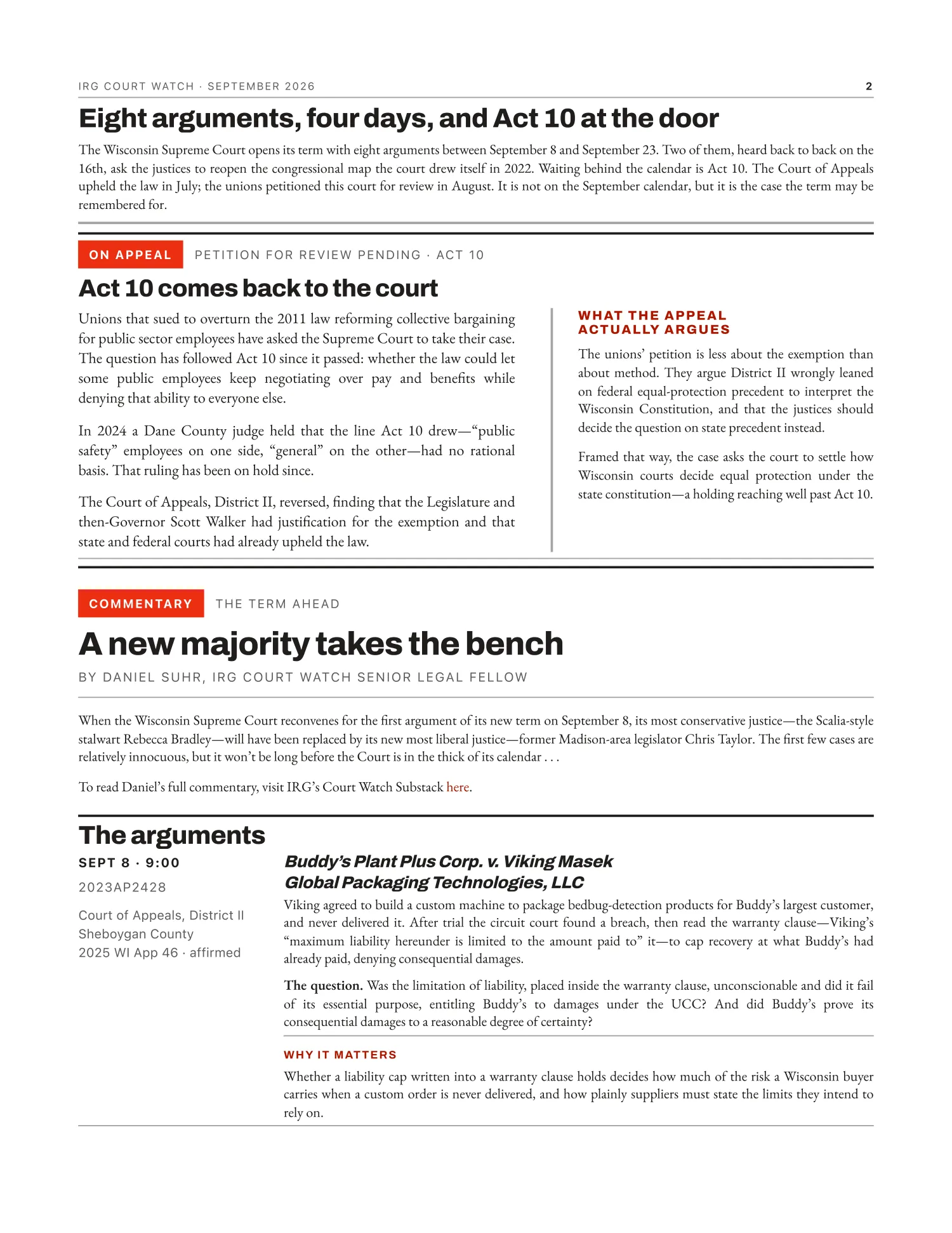 Court Watch Newsletter, September 2026, page 2 — Act 10 comes back to the court; commentary on a new majority taking the bench; and the Buddy&rsquo;s Plant Plus oral argument.