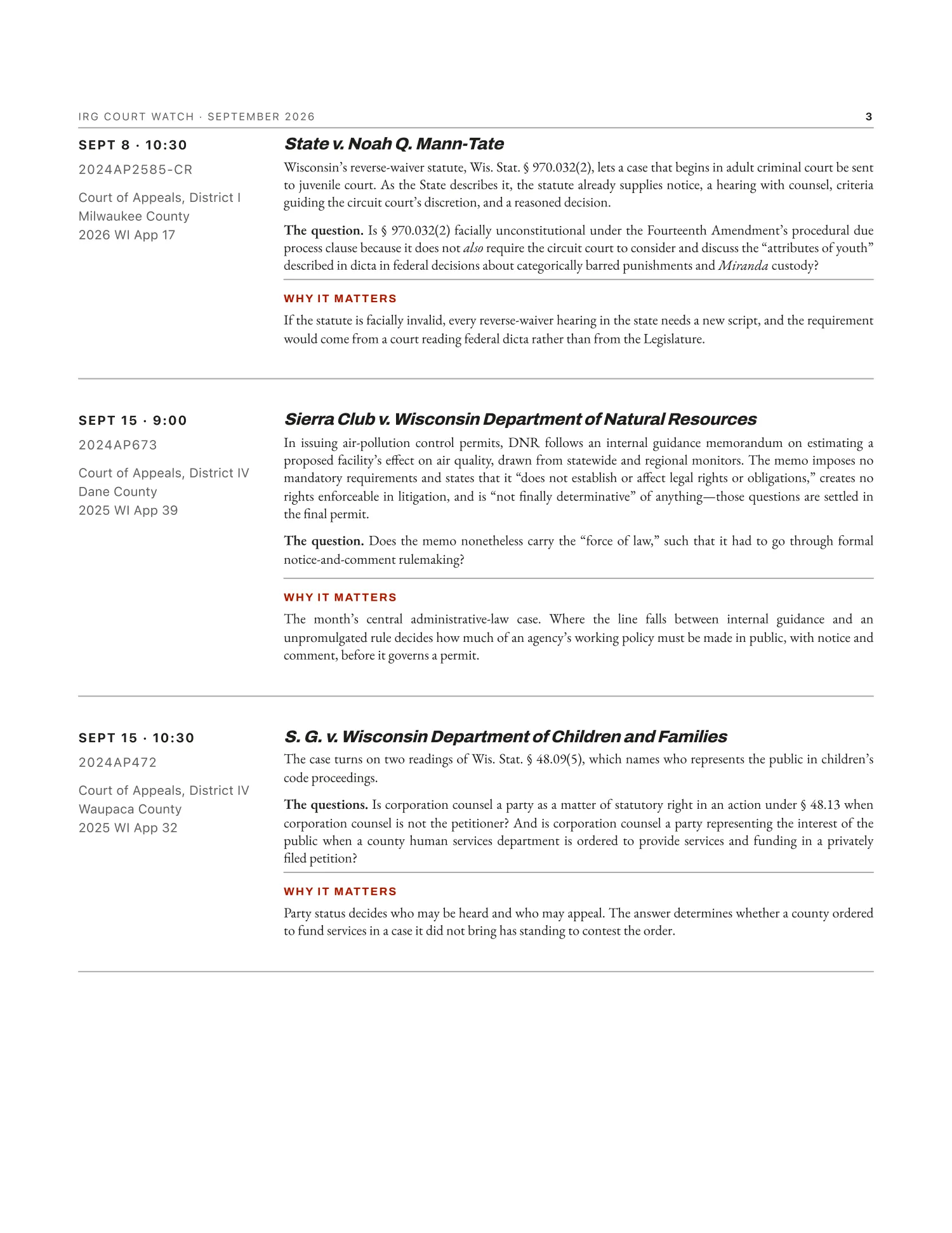 Court Watch Newsletter, September 2026, page 3 — oral-argument previews: Mann-Tate, Sierra Club, and S.G.