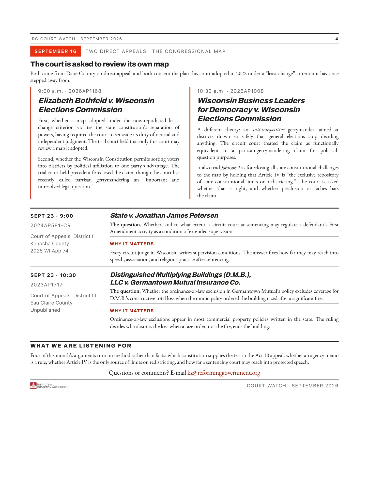 Court Watch Newsletter, September 2026, page 4 — oral-argument previews: Bothfeld, WBLD, Petersen, and D.M.B. — plus What We Are Listening For.