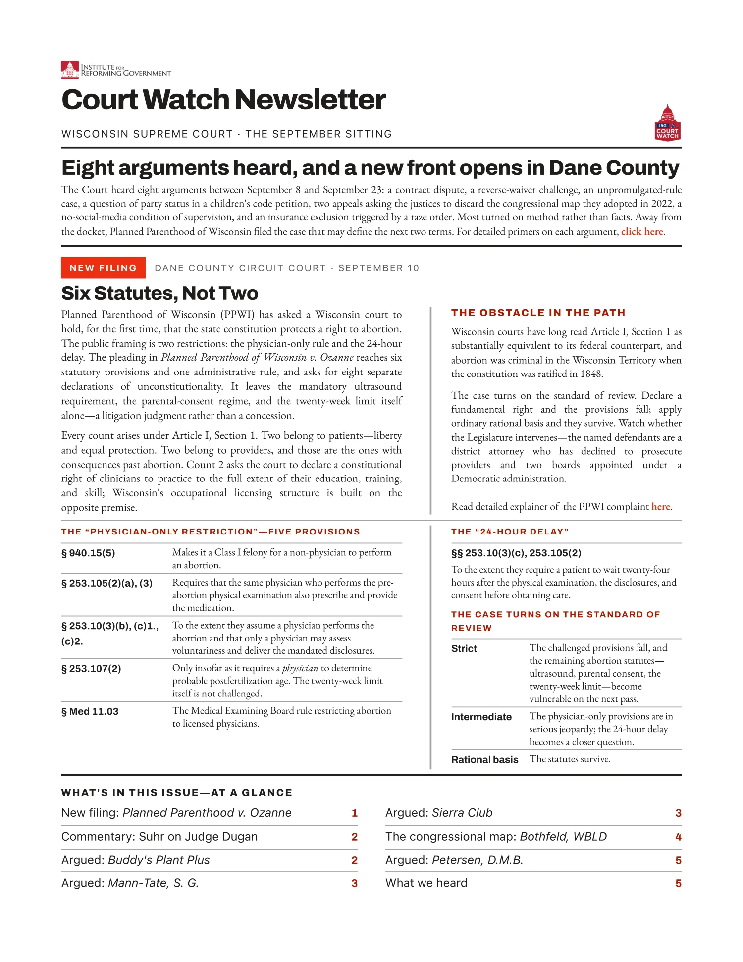 Court Watch Newsletter, October 2026, page 1 — the September sitting at a glance: eight arguments heard, and the Planned Parenthood filing in Dane County.