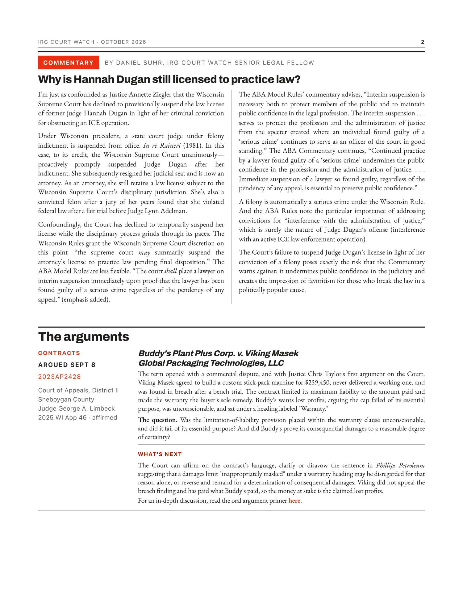 Court Watch Newsletter, October 2026, page 2 — Six statutes, not two: what the Planned Parenthood complaint actually pleads.
