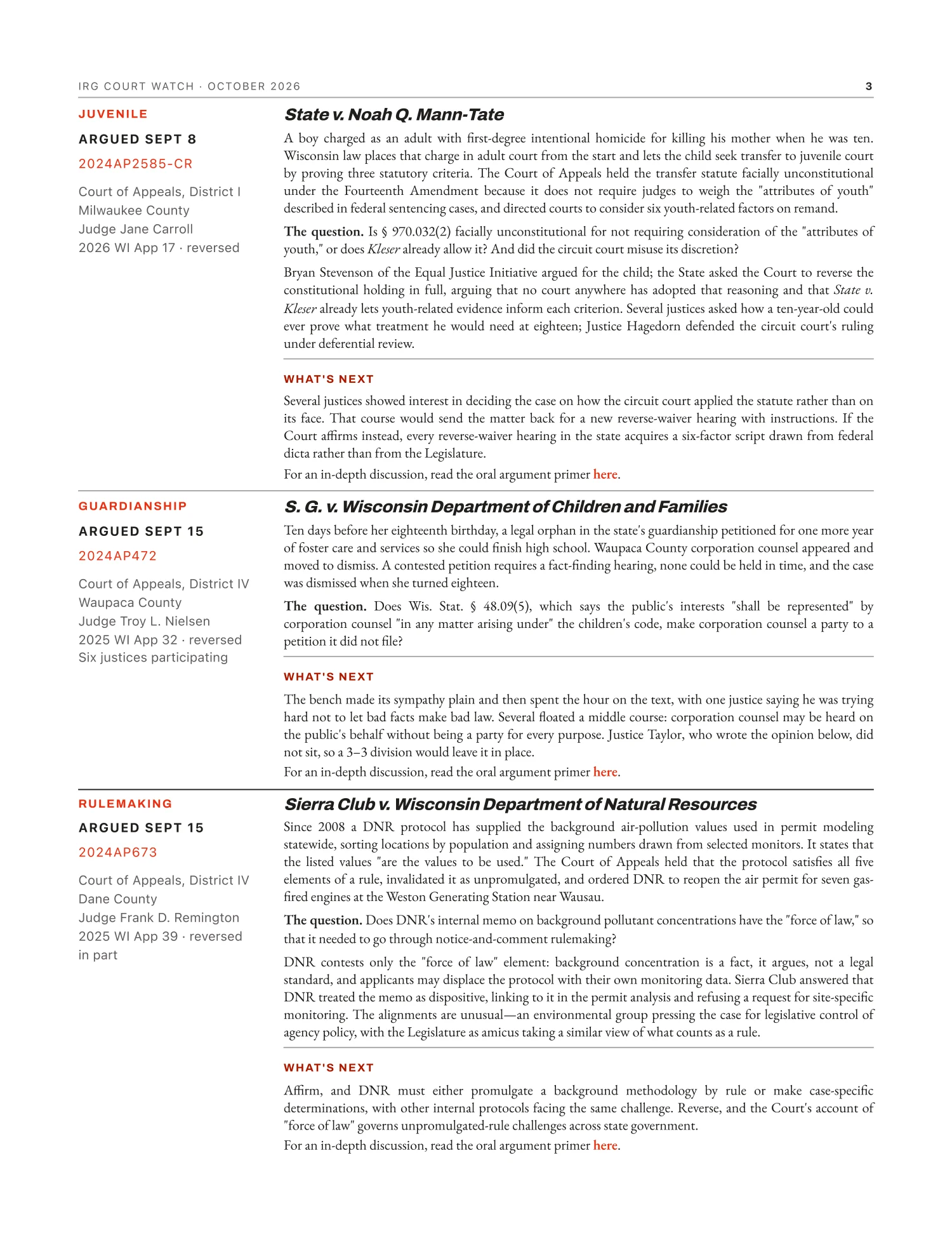 Court Watch Newsletter, October 2026, page 3 — argument reviews: the contract cap, reverse waiver, and the unpromulgated-rule question.