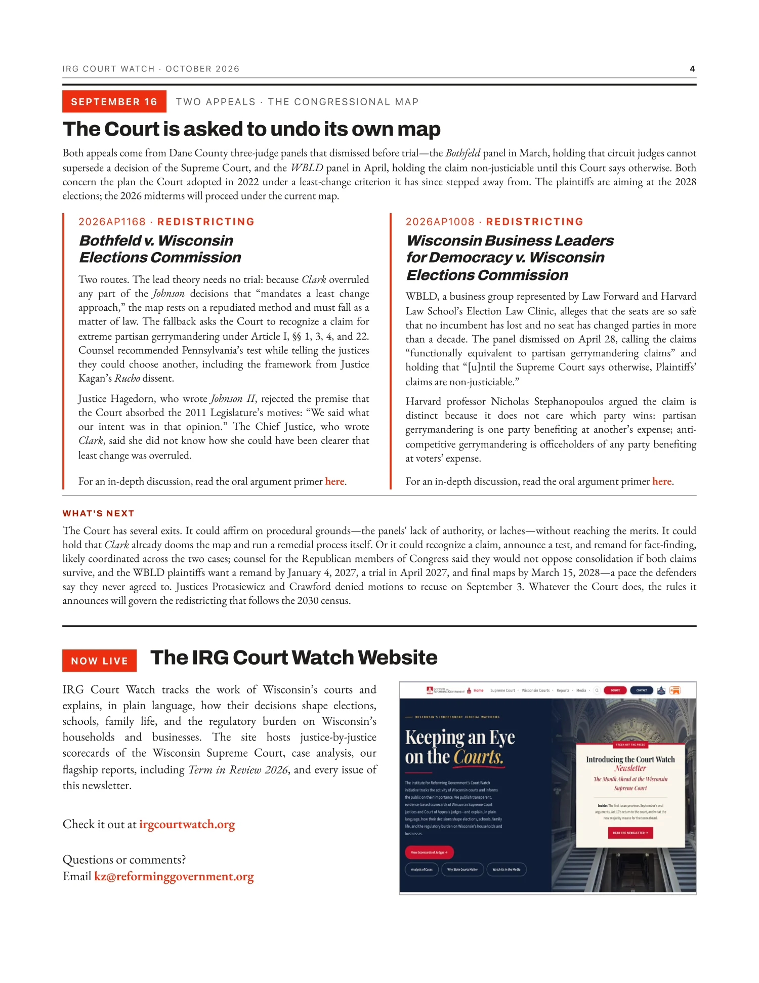 Court Watch Newsletter, October 2026, page 4 — argument reviews: party status in a children's code petition, and the two congressional-map appeals.