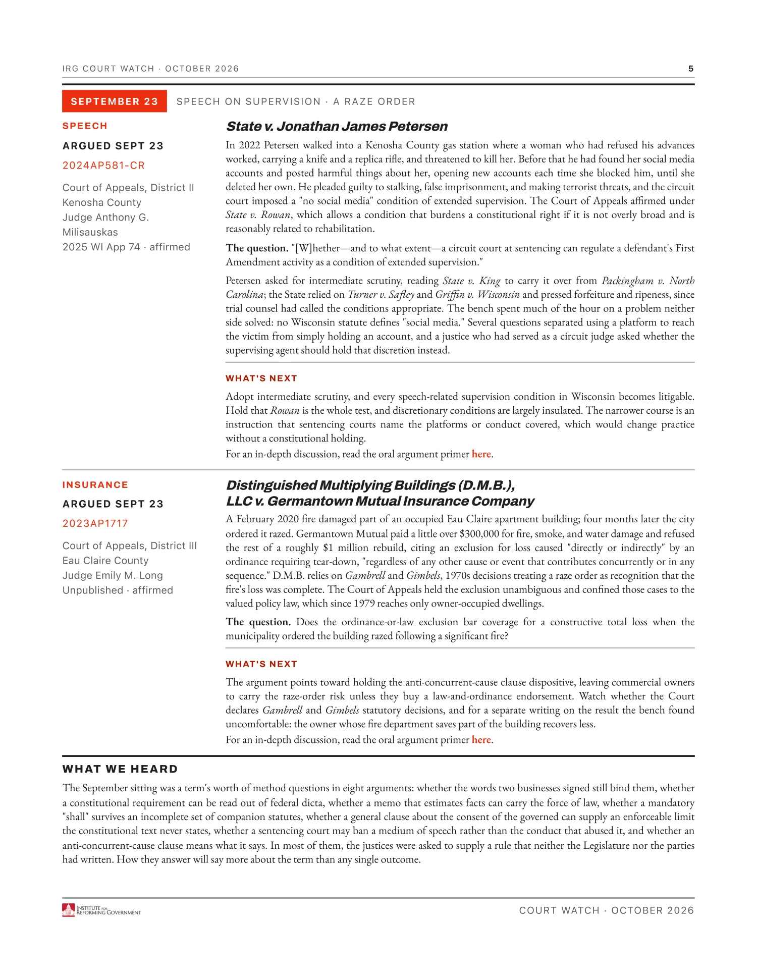 Court Watch Newsletter, October 2026, page 5 — argument reviews: the supervision condition and the ordinance exclusion, plus what we are watching for.